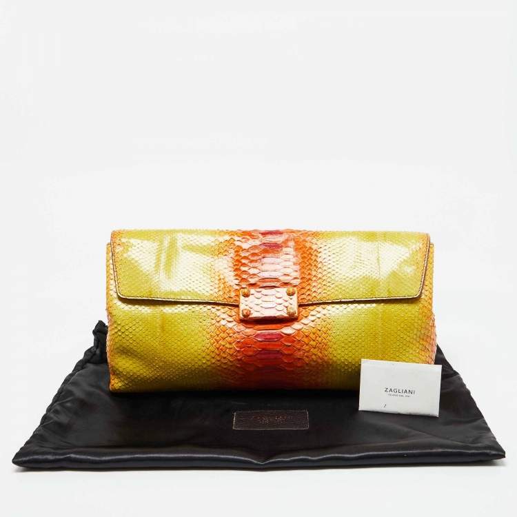Pre Owned Zagliani Yellow/Orange Python Leather Flap Clutch