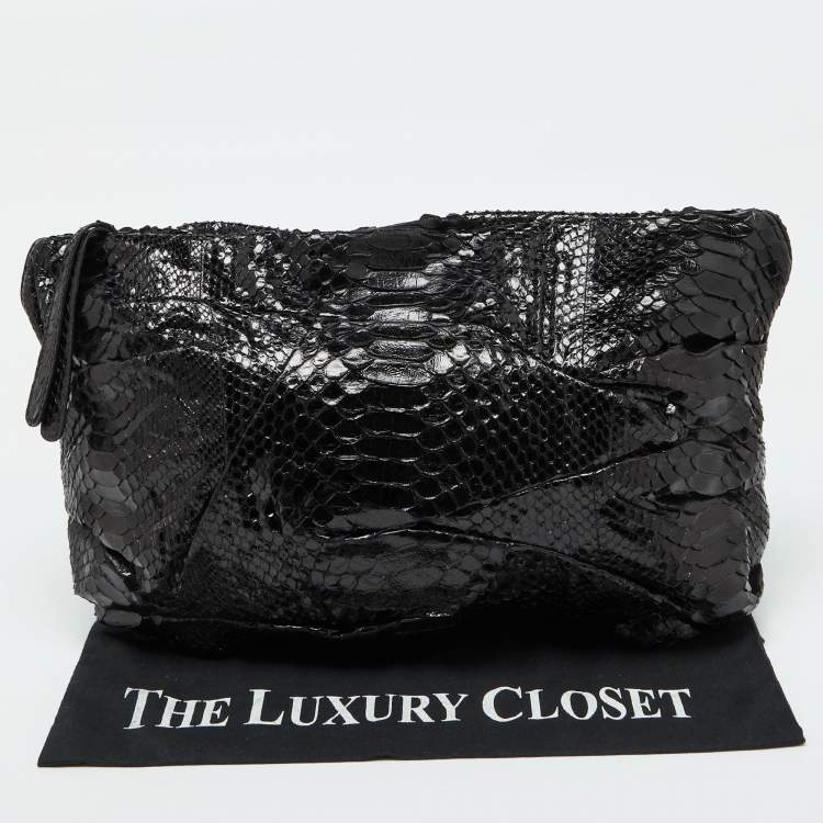 Pre Owned Zagliani Black Python Oversized Pouch Clutch