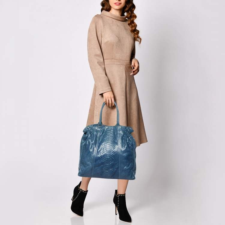 Pre Owned Zagliani Blue Python Shopper Tote