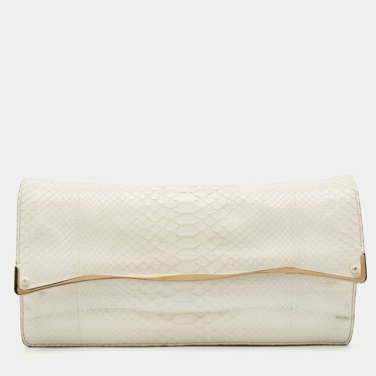 Pre Owned Zagliani White Python Oversized Flap Clutch