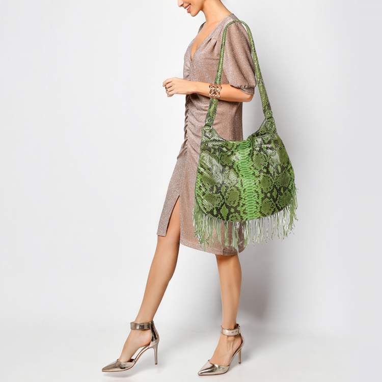 Pre Owned Zagliani Green Python Fringe Details Flap Shoulder Bag