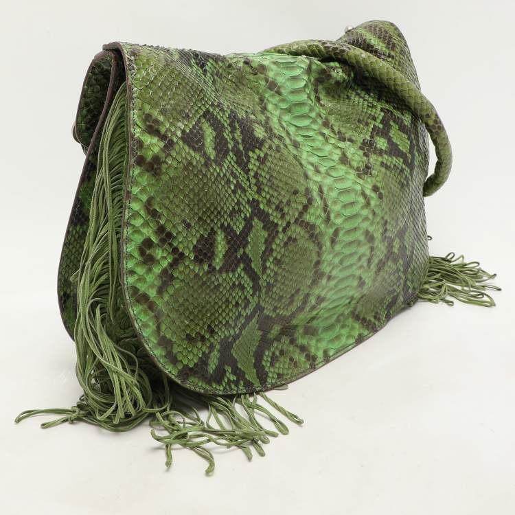 Pre Owned Zagliani Green Python Fringe Details Flap Shoulder Bag