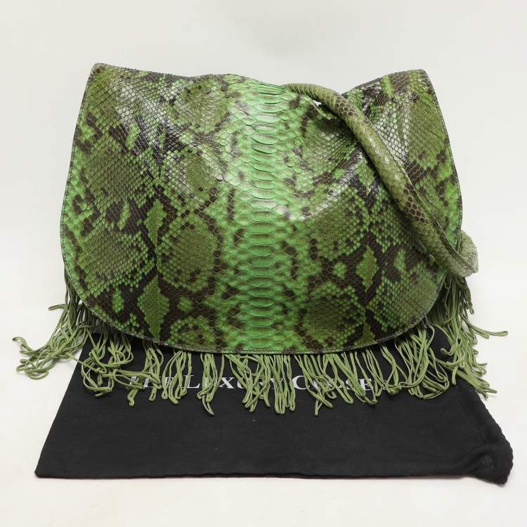 Pre Owned Zagliani Green Python Fringe Details Flap Shoulder Bag