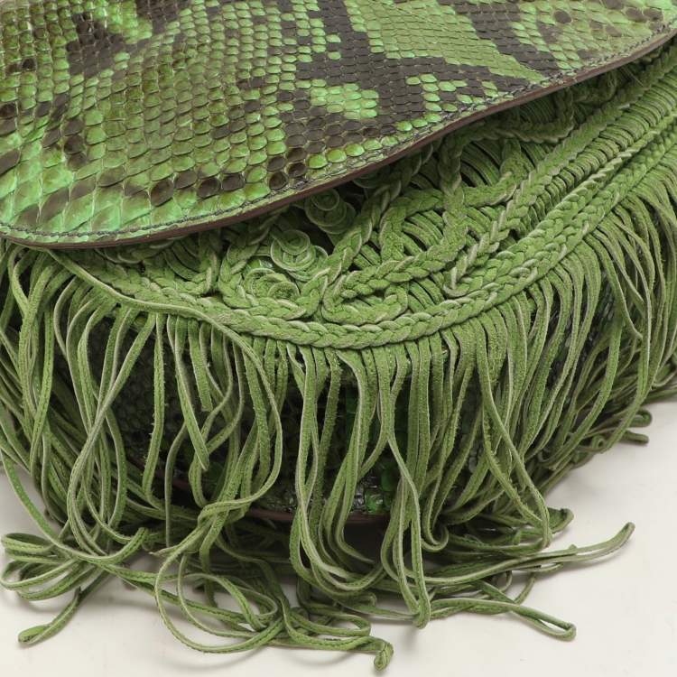 Pre Owned Zagliani Green Python Fringe Details Flap Shoulder Bag