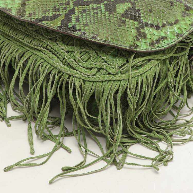 Pre Owned Zagliani Green Python Fringe Details Flap Shoulder Bag