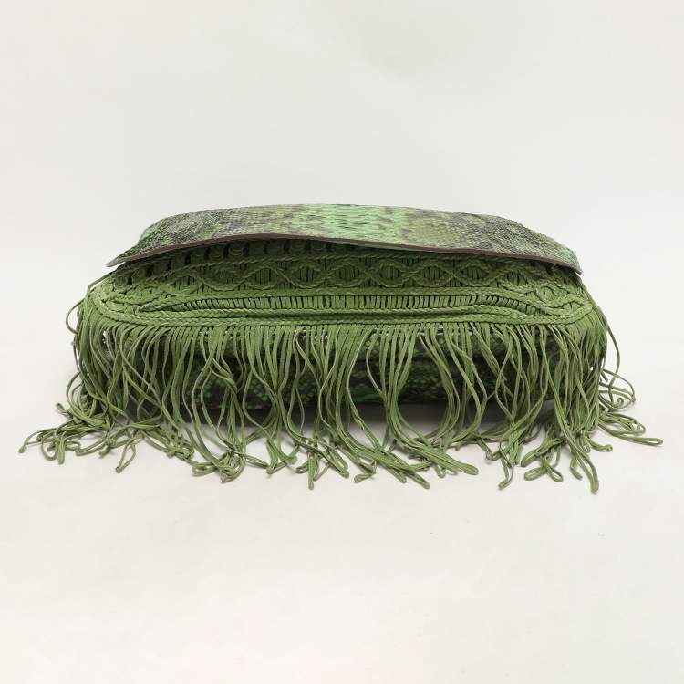Pre Owned Zagliani Green Python Fringe Details Flap Shoulder Bag