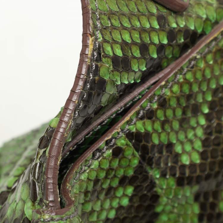 Pre Owned Zagliani Green Python Fringe Details Flap Shoulder Bag
