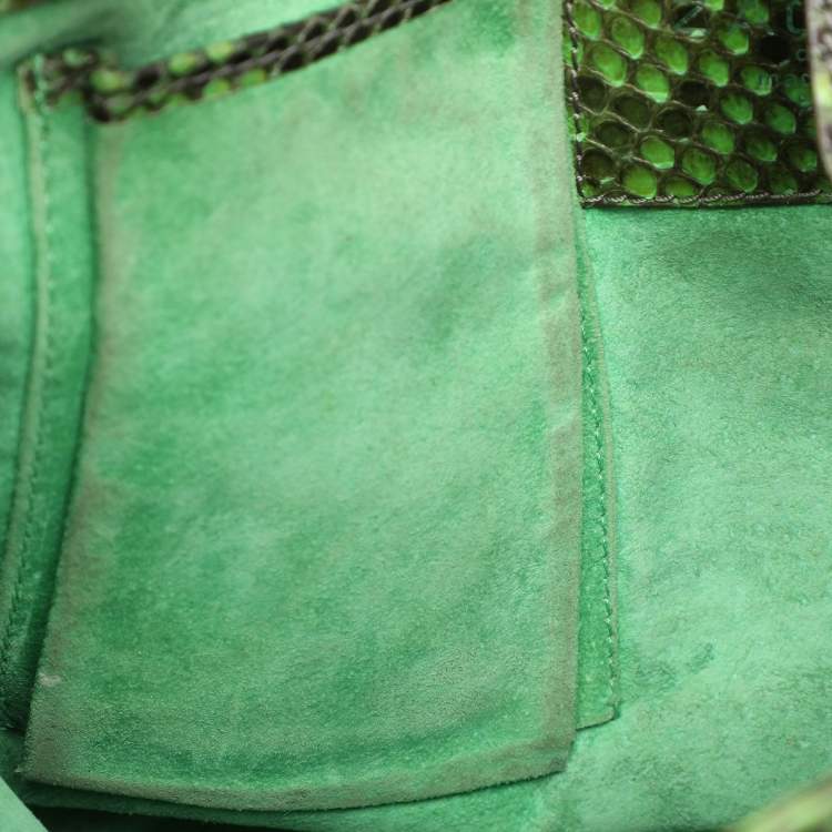 Pre Owned Zagliani Green Python Fringe Details Flap Shoulder Bag