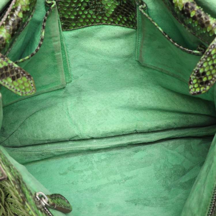 Pre Owned Zagliani Green Python Fringe Details Flap Shoulder Bag