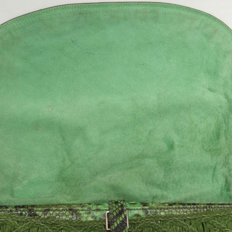 Pre Owned Zagliani Green Python Fringe Details Flap Shoulder Bag