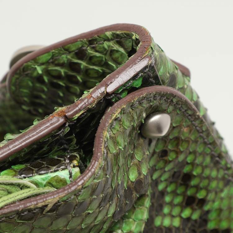 Pre Owned Zagliani Green Python Fringe Details Flap Shoulder Bag