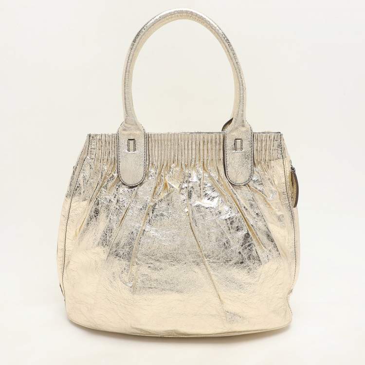 Pre Owned Zagliani Gold Crinkled Leather Side Zip Detail Tote