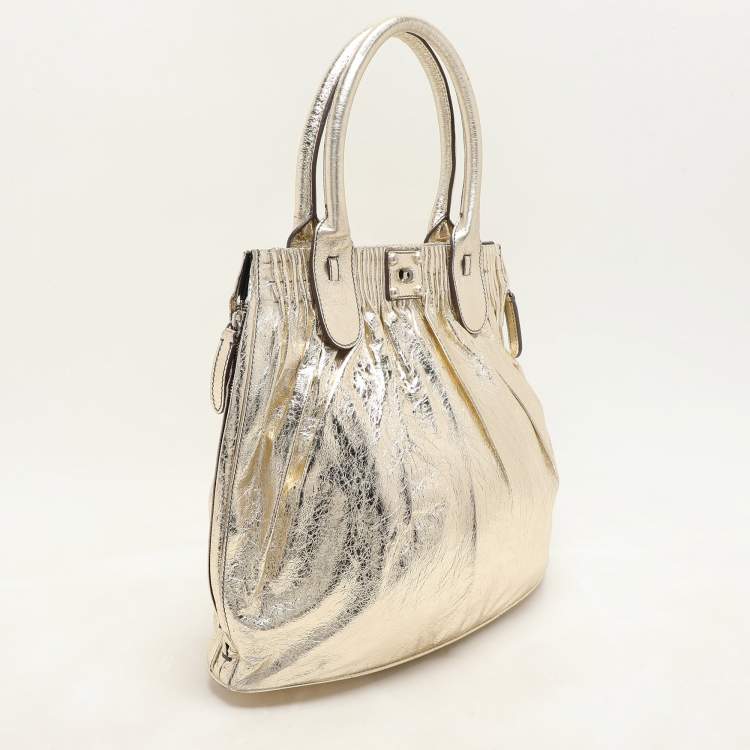 Pre Owned Zagliani Gold Crinkled Leather Side Zip Detail Tote