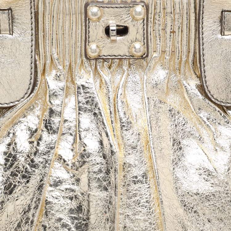 Pre Owned Zagliani Gold Crinkled Leather Side Zip Detail Tote