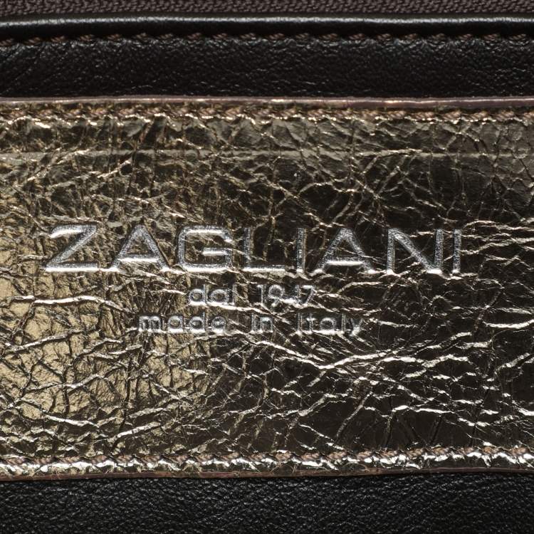Pre Owned Zagliani Gold Crinkled Leather Side Zip Detail Tote