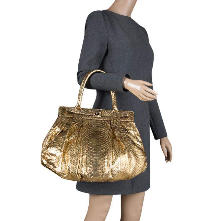 Pre Owned Zagliani Metallic Gold Python Puffy Hobo