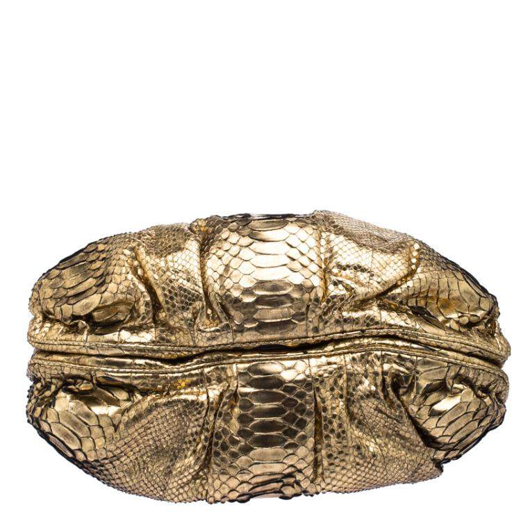 Pre Owned Zagliani Metallic Gold Python Puffy Hobo