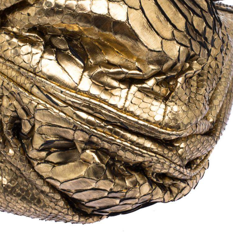 Pre Owned Zagliani Metallic Gold Python Puffy Hobo