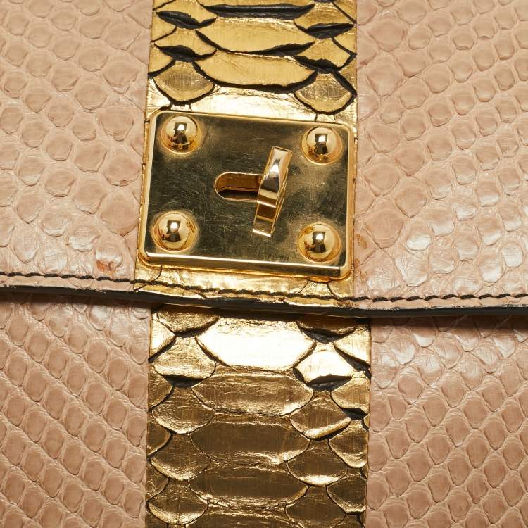 Pre Owned Zagliani Beige/Black Python Turnlock Flap Chain Shoulder Bag