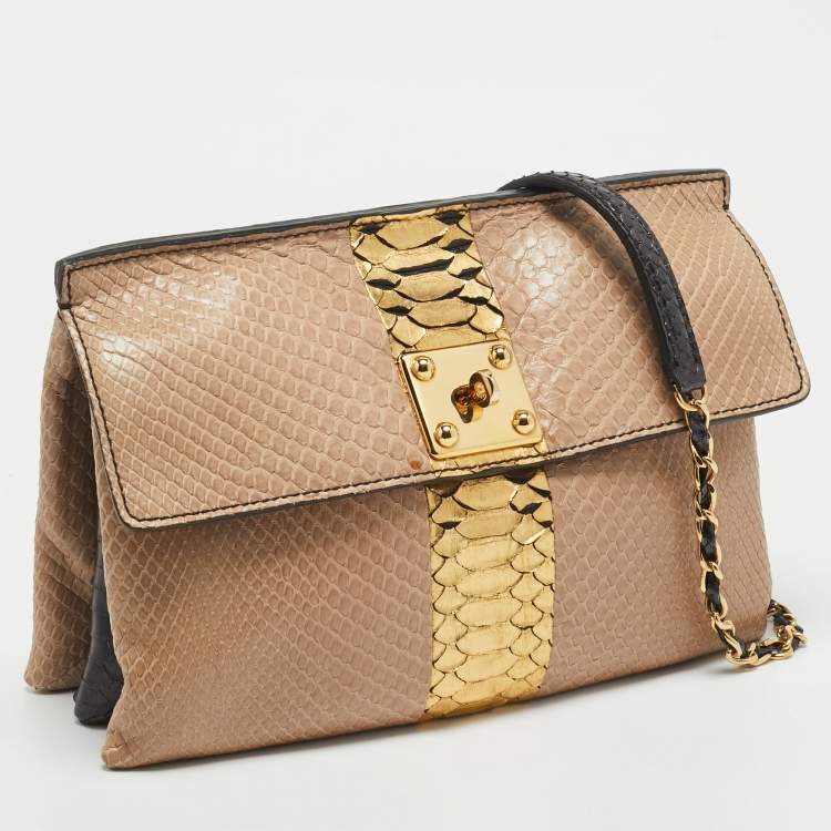 Pre Owned Zagliani Beige/Black Python Turnlock Flap Chain Shoulder Bag