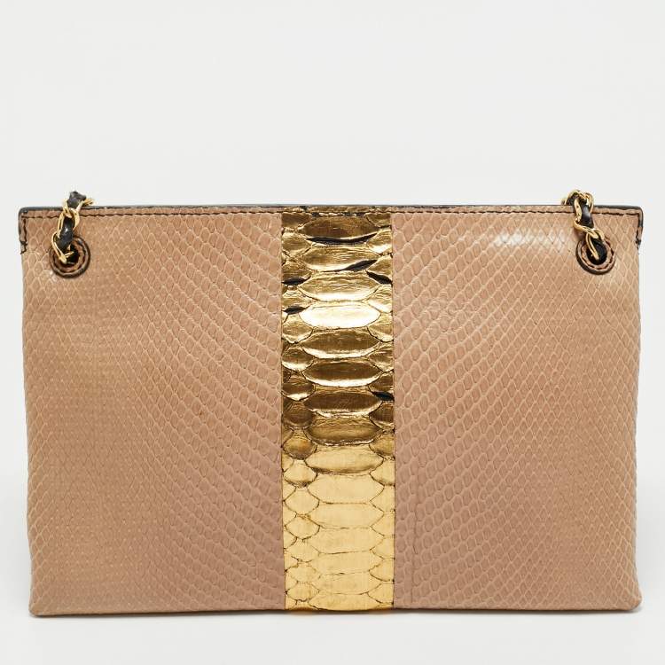 Pre Owned Zagliani Beige/Black Python Turnlock Flap Chain Shoulder Bag
