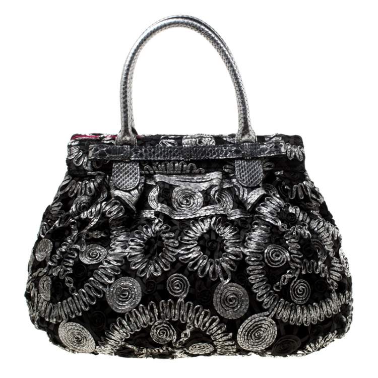Pre Owned Zagliani Black/Grey Python and Fabric Puffy Tote