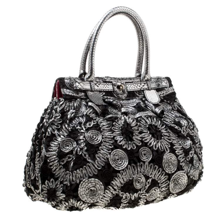 Pre Owned Zagliani Black/Grey Python and Fabric Puffy Tote