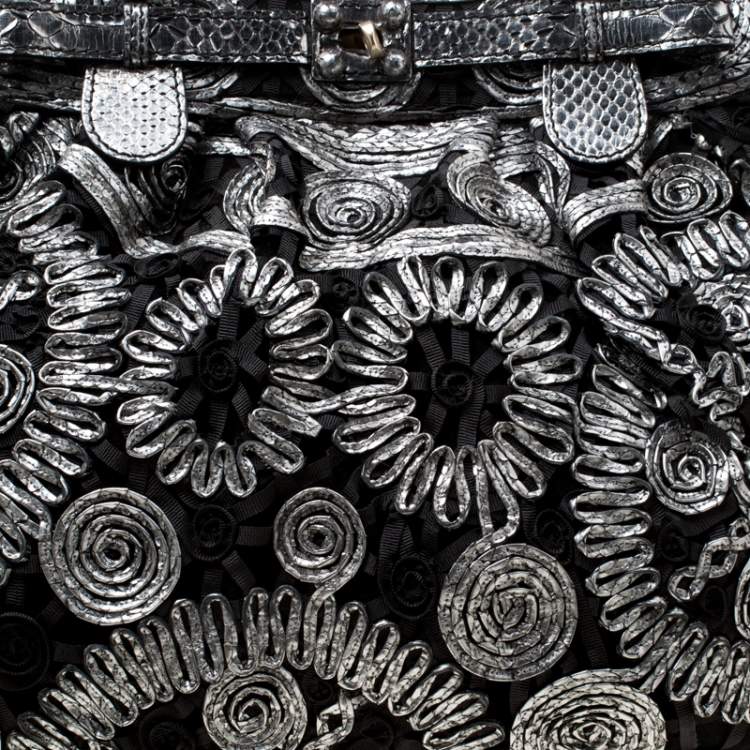 Pre Owned Zagliani Black/Grey Python and Fabric Puffy Tote