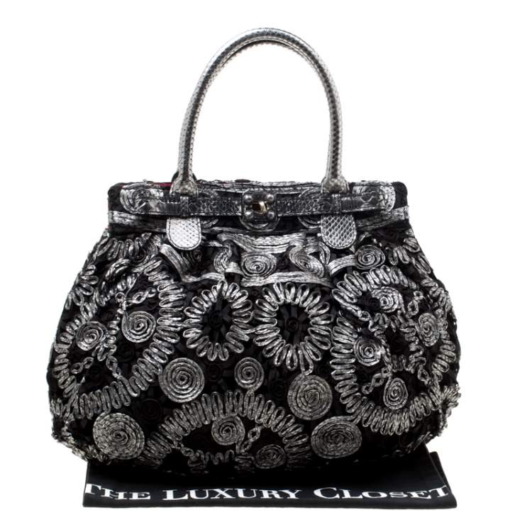 Pre Owned Zagliani Black/Grey Python and Fabric Puffy Tote