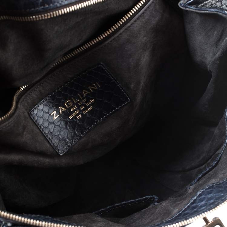 Pre Owned Zagliani Navy Blue Python Puffy Hobo