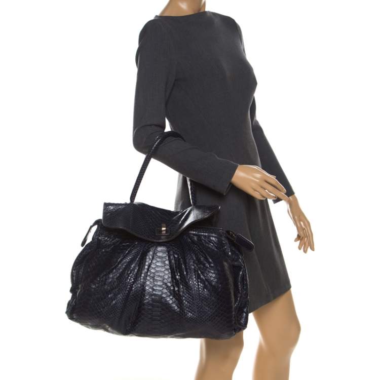 Pre Owned Zagliani Navy Blue Python Puffy Hobo