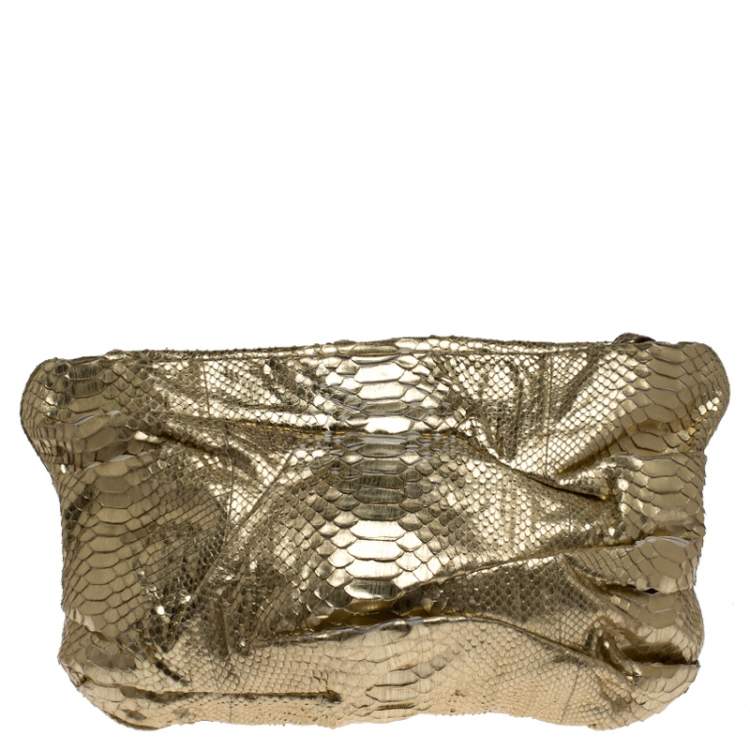 Pre Owned Zagliani Gold Metallic Python Top Zip Clutch 