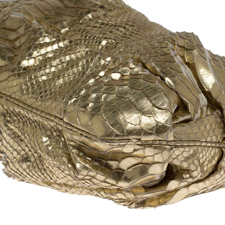 Pre Owned Zagliani Gold Metallic Python Top Zip Clutch 