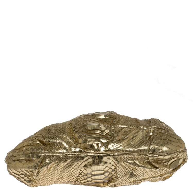 Pre Owned Zagliani Gold Metallic Python Top Zip Clutch 
