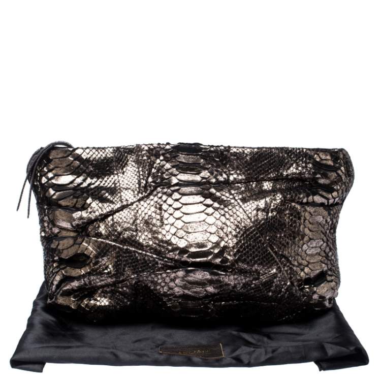 Pre Owned Zagliani Metallic Silver Python Leather Oversized Clutch 