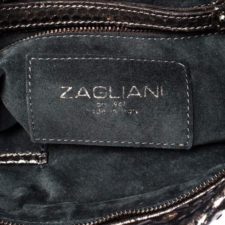 Pre Owned Zagliani Metallic Silver Python Leather Oversized Clutch 