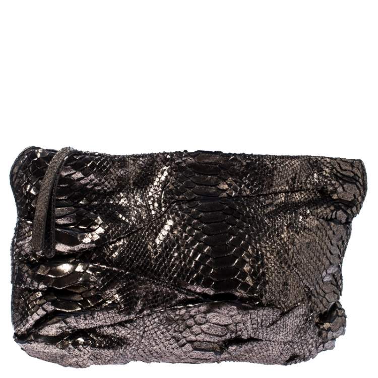 Pre Owned Zagliani Metallic Silver Python Leather Oversized Clutch 
