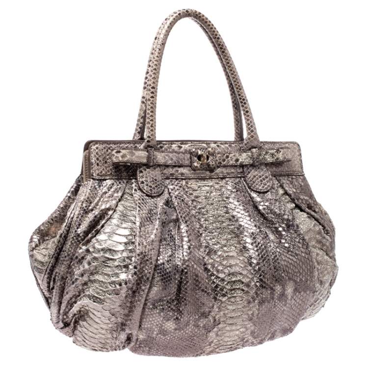Pre Owned Zagliani Cream/Black Metallic Python Puffy Hobo