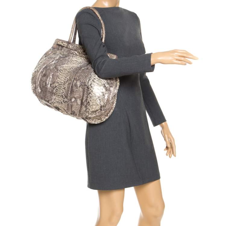 Pre Owned Zagliani Cream/Black Metallic Python Puffy Hobo