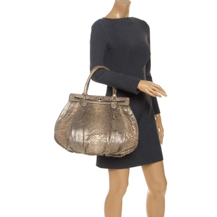 Pre Owned Zagliani Metallic Gold Python Puffy Hobo