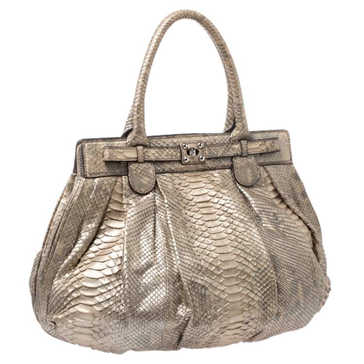 Pre Owned Zagliani Metallic Gold Python Puffy Hobo