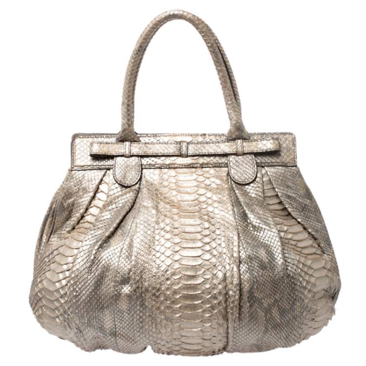 Pre Owned Zagliani Metallic Gold Python Puffy Hobo