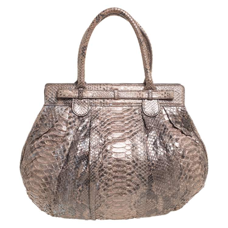 Pre Owned Zagliani Metallic Peach and Grey Python Puffy Hobo