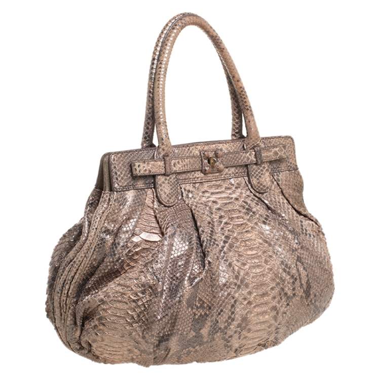 Pre Owned Zagliani Metallic Peach and Grey Python Puffy Hobo