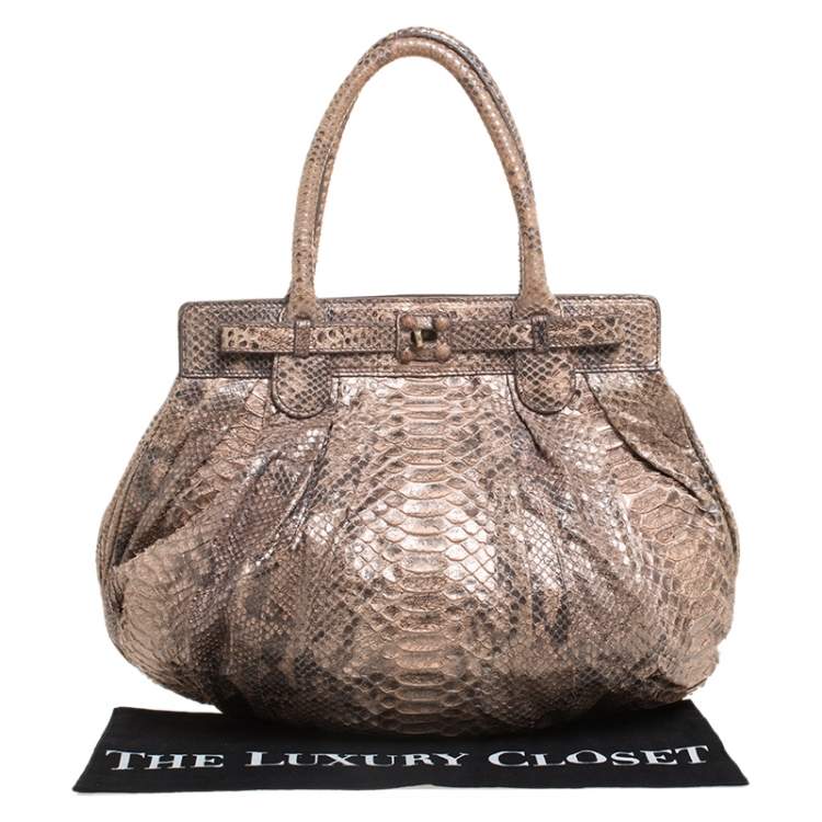 Pre Owned Zagliani Metallic Peach and Grey Python Puffy Hobo