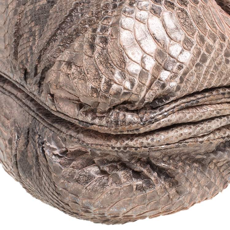 Pre Owned Zagliani Metallic Peach and Grey Python Puffy Hobo