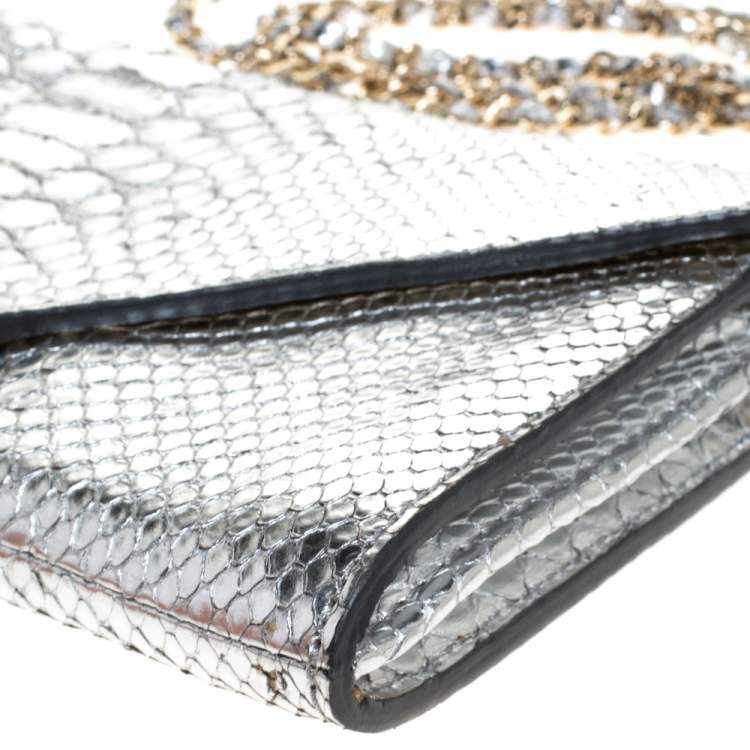 Pre Owned Zagliani Silver Python Envelope Flap Chain Shoulder Bag