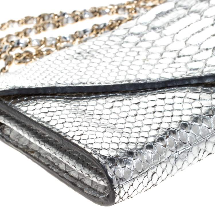 Pre Owned Zagliani Silver Python Envelope Flap Chain Shoulder Bag