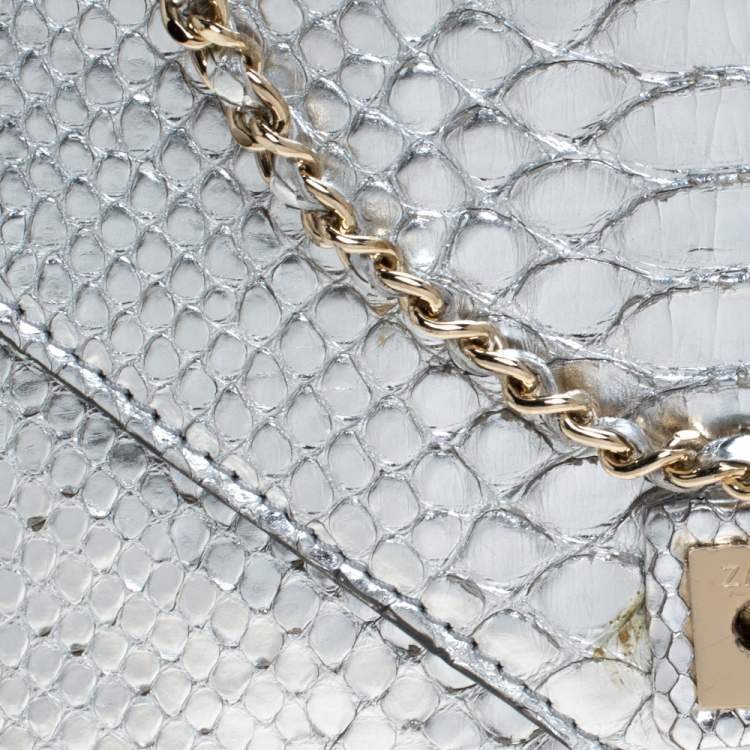 Pre Owned Zagliani Silver Python Envelope Flap Chain Shoulder Bag