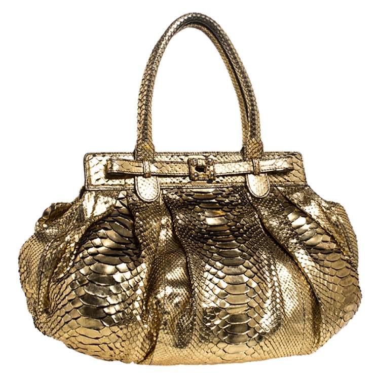 Pre Owned Zagliani Metallic Gold Python Puffy Hobo